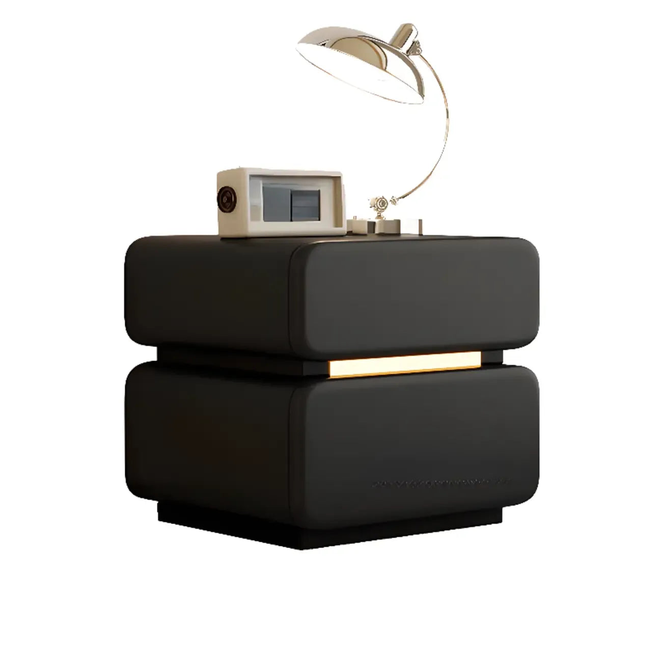 Table de chevet moderne avec plateau en cuir noir et 2 tiroirs