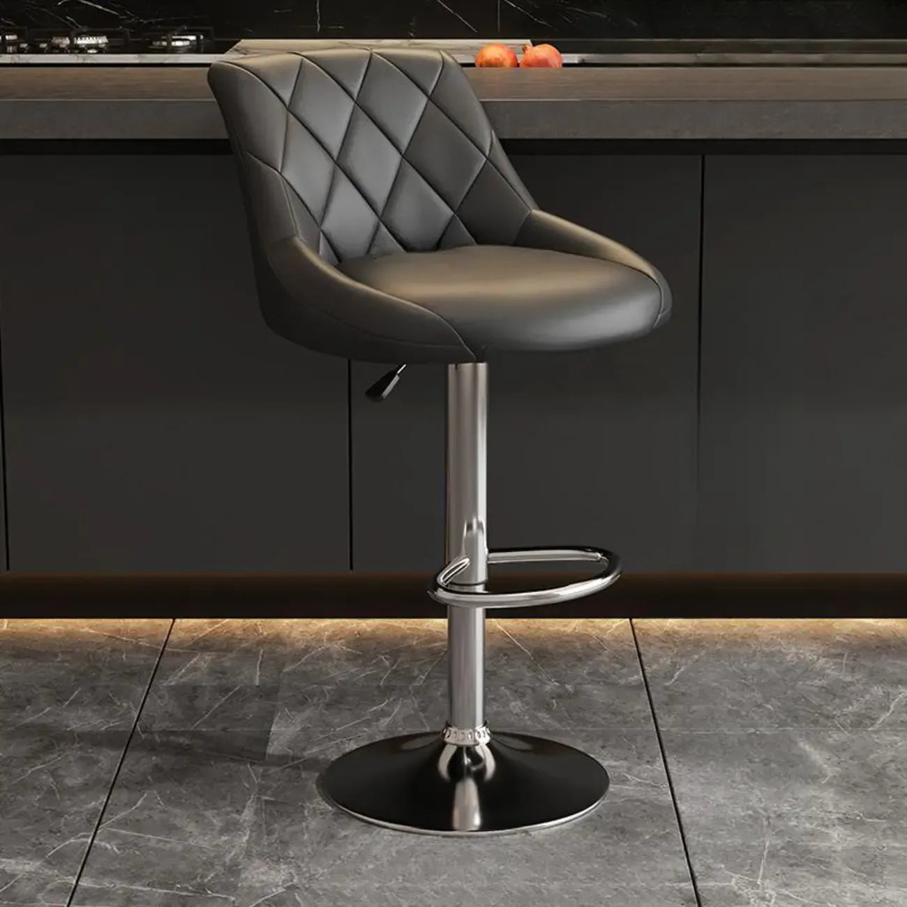 Tabouret de bar pivotant capitonné à losanges, réglable, en cuir PU noir et rouge