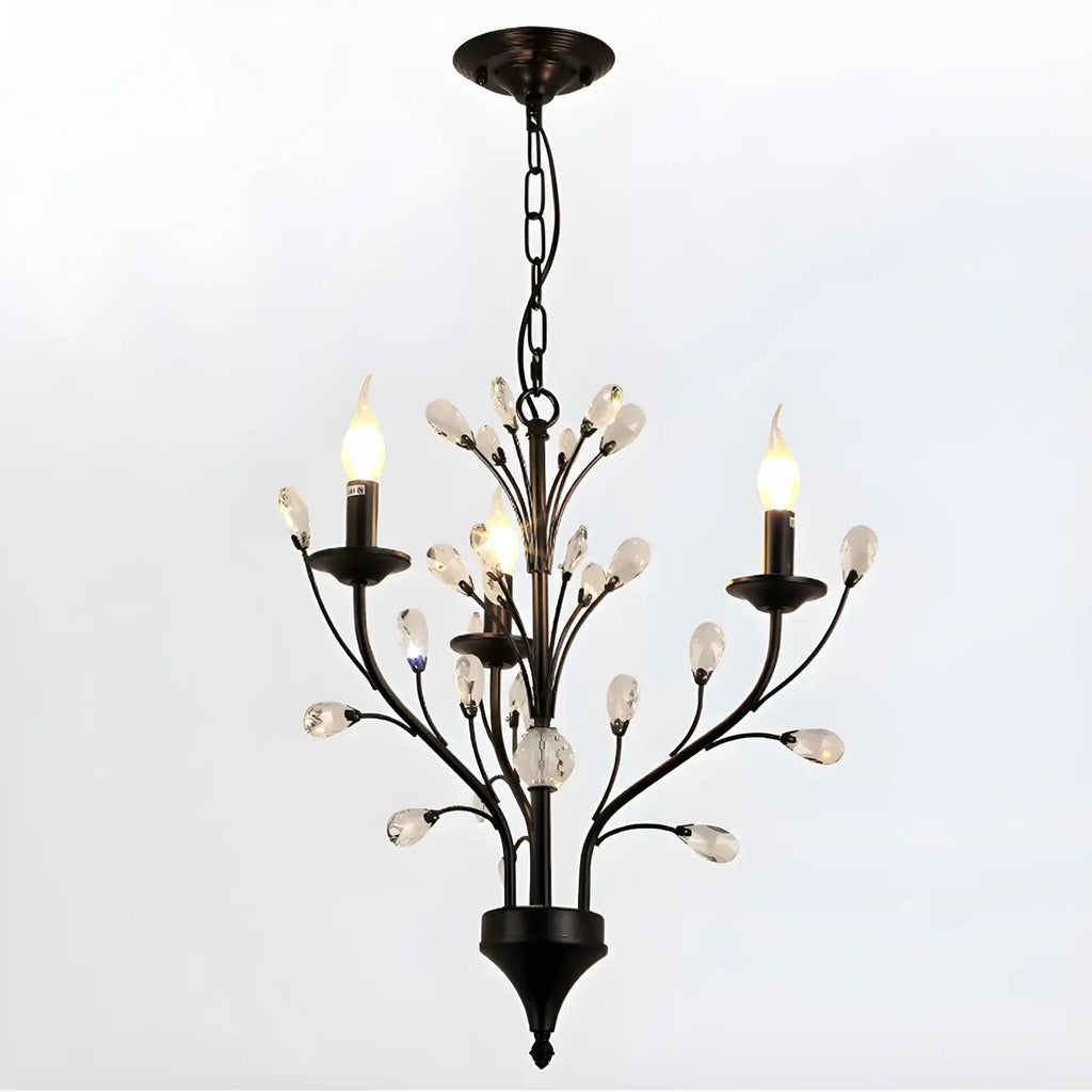 Lampadario a candelabro moderno ed elegante con rami neri e cristalli