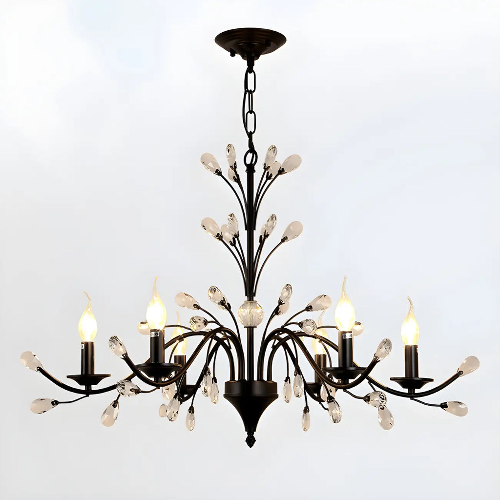 Lampadario a candelabro moderno ed elegante con rami neri e cristalli