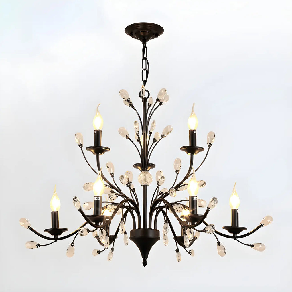 Lampadario a candelabro moderno ed elegante con rami neri e cristalli