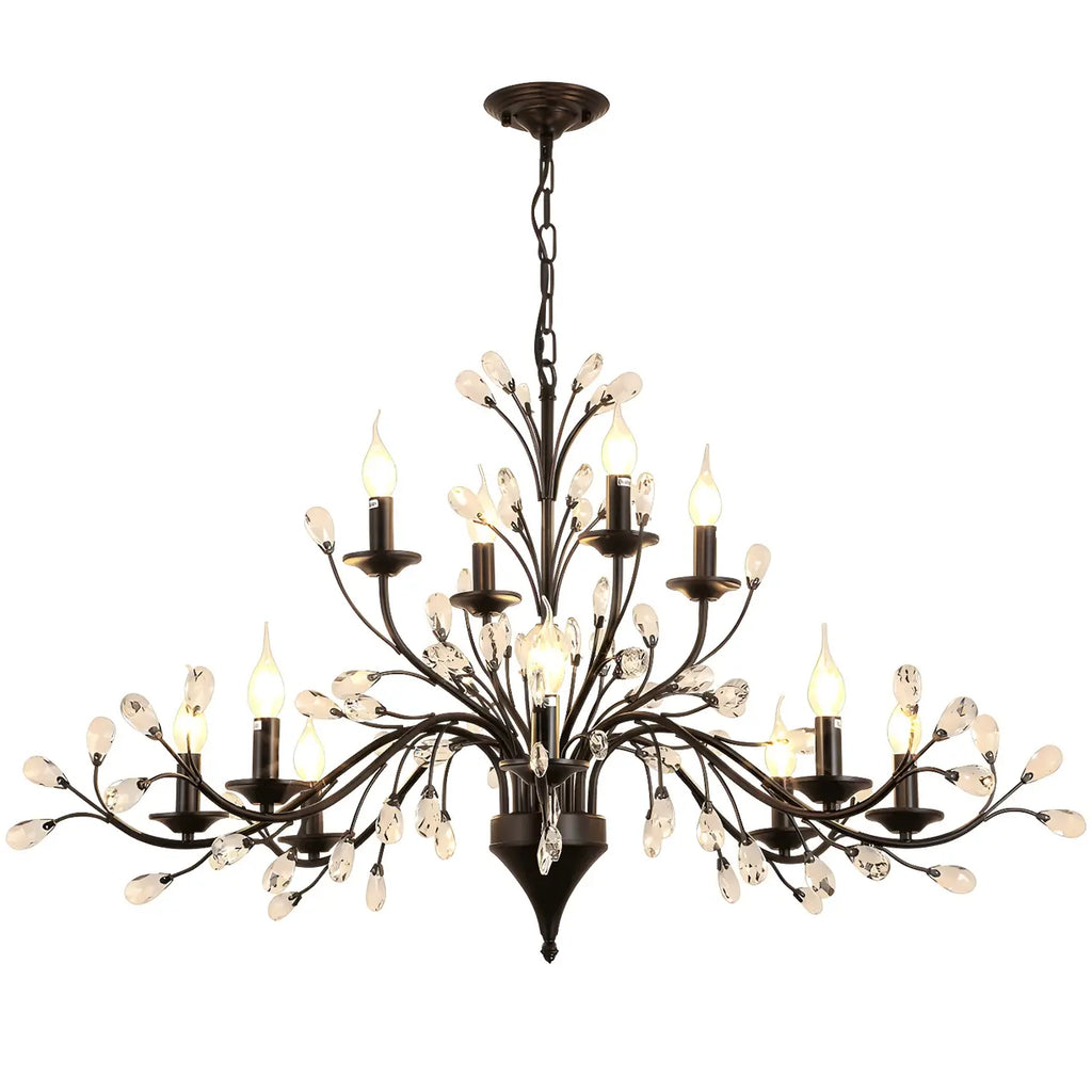 Lampadario a candelabro moderno ed elegante con rami neri e cristalli
