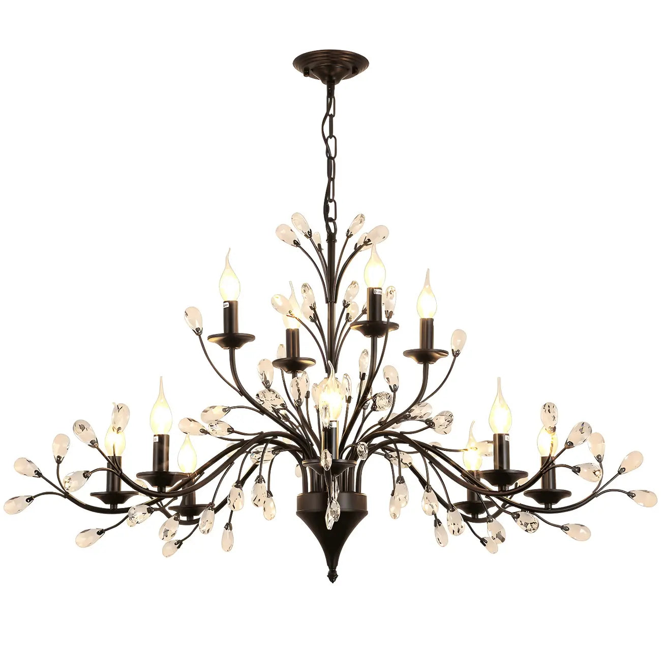 Lampadario a candelabro moderno ed elegante con rami neri e cristalli