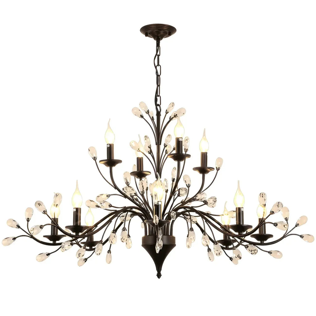 Lampadario a candelabro moderno ed elegante con rami neri e cristalli