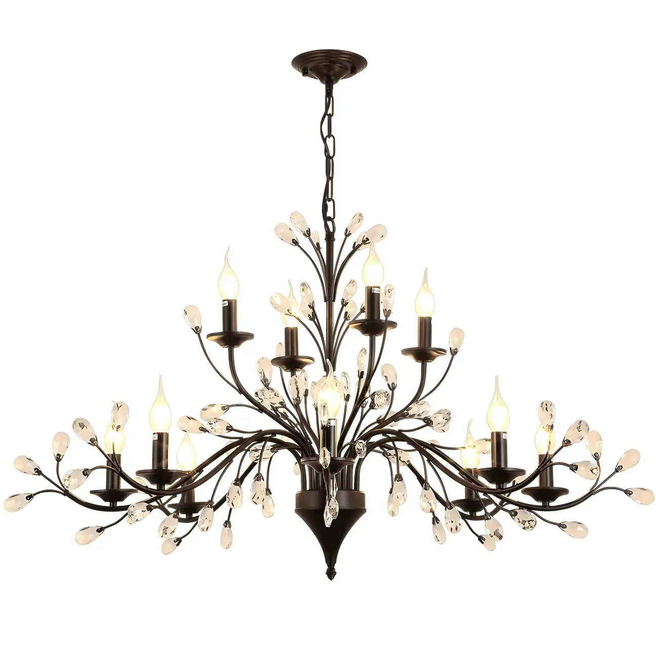 Lampadario a candelabro moderno ed elegante con rami neri e cristalli