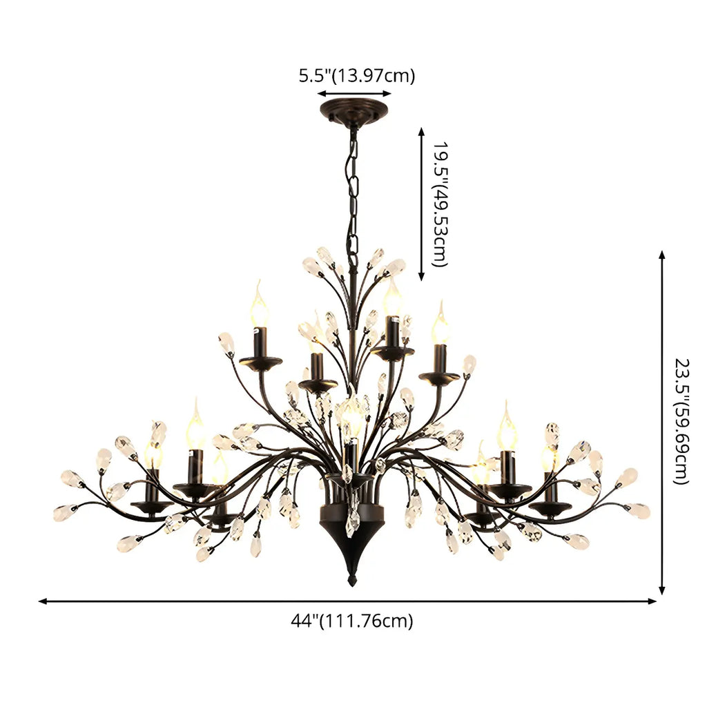 Lampadario a candelabro moderno ed elegante con rami neri e cristalli