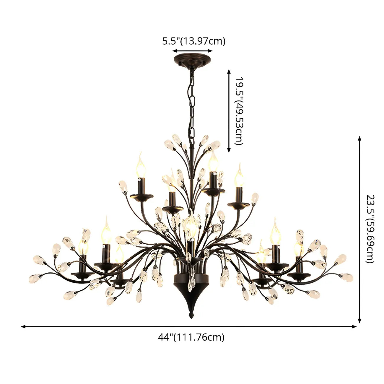 Lampadario a candelabro moderno ed elegante con rami neri e cristalli