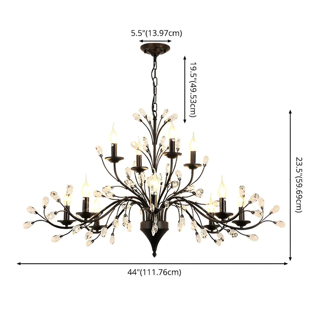 Lampadario a candelabro moderno ed elegante con rami neri e cristalli