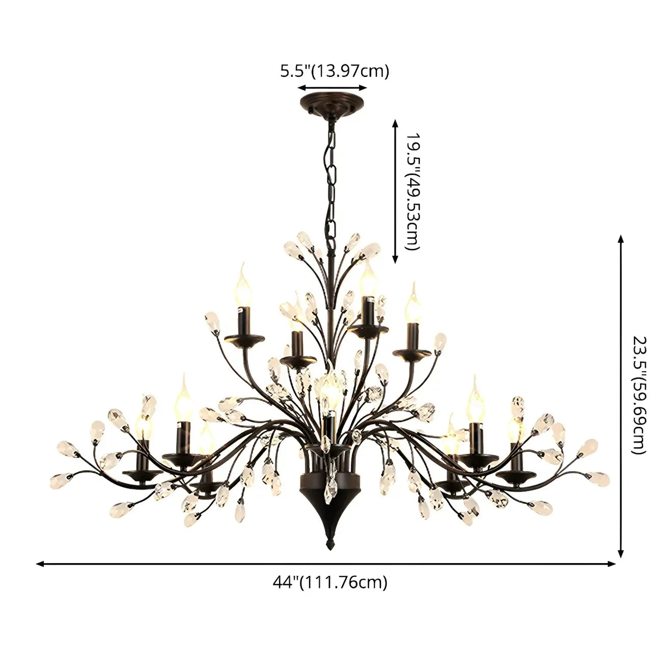 Lampadario a candelabro moderno ed elegante con rami neri e cristalli