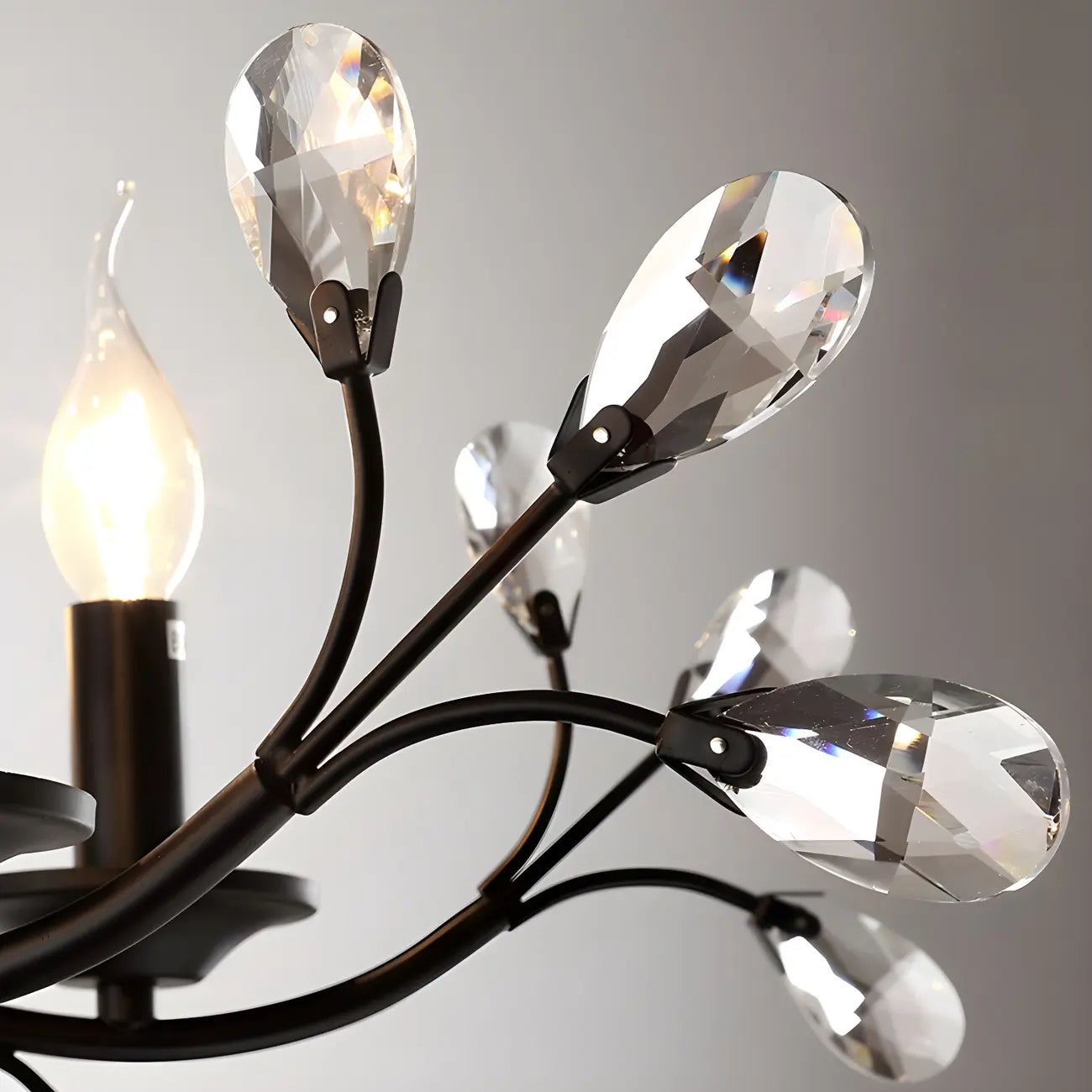 Lampadario a candelabro moderno ed elegante con rami neri e cristalli