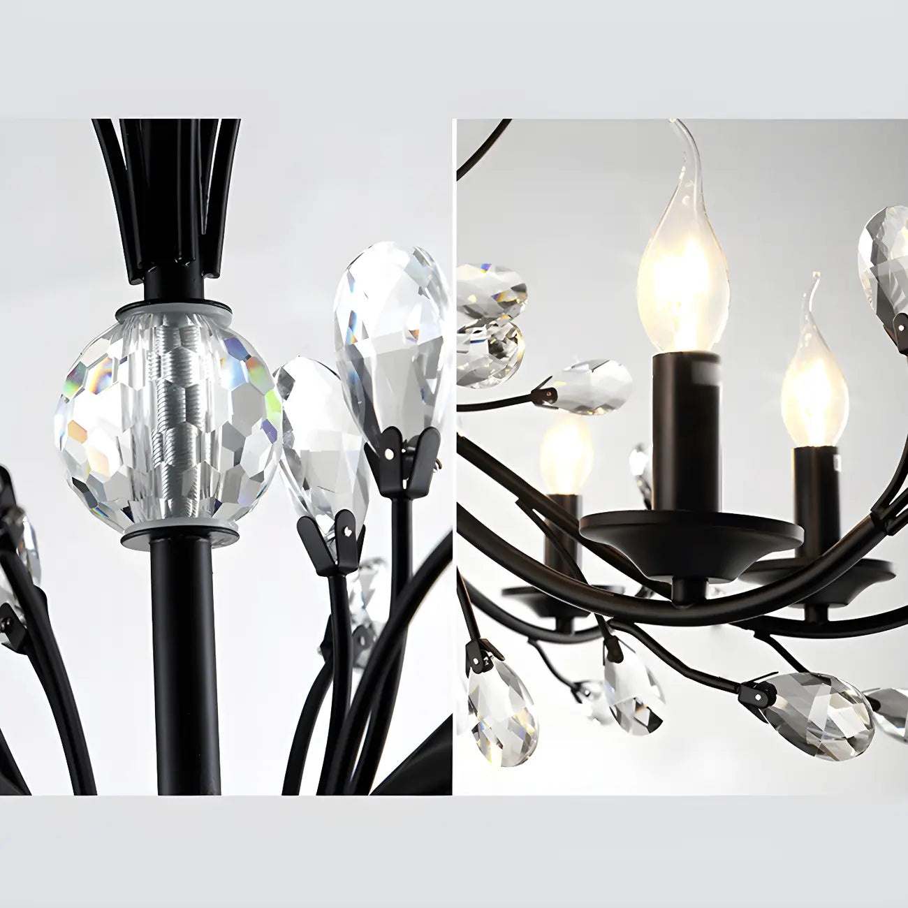 Lampadario a candelabro moderno ed elegante con rami neri e cristalli
