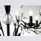 Lampadario a candelabro moderno ed elegante con rami neri e cristalli