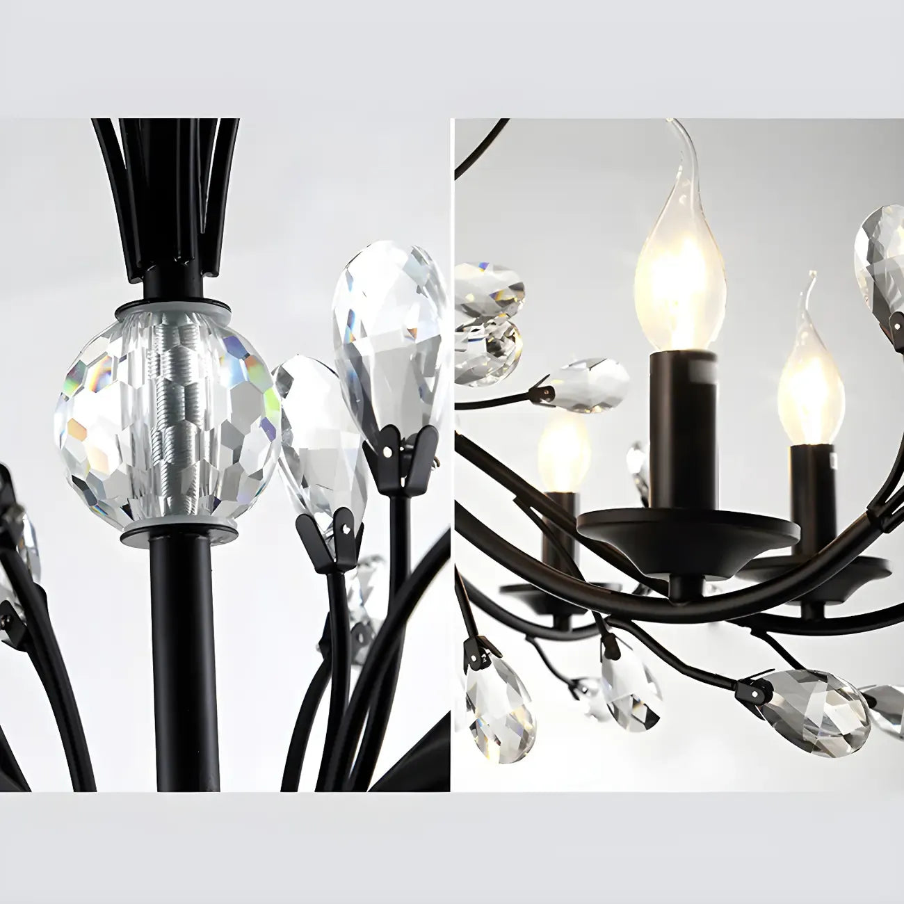 Lampadario a candelabro moderno ed elegante con rami neri e cristalli