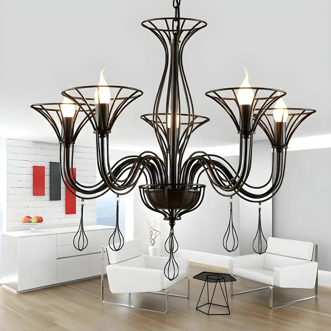 Lustre moderne en métal noir au design incurvé