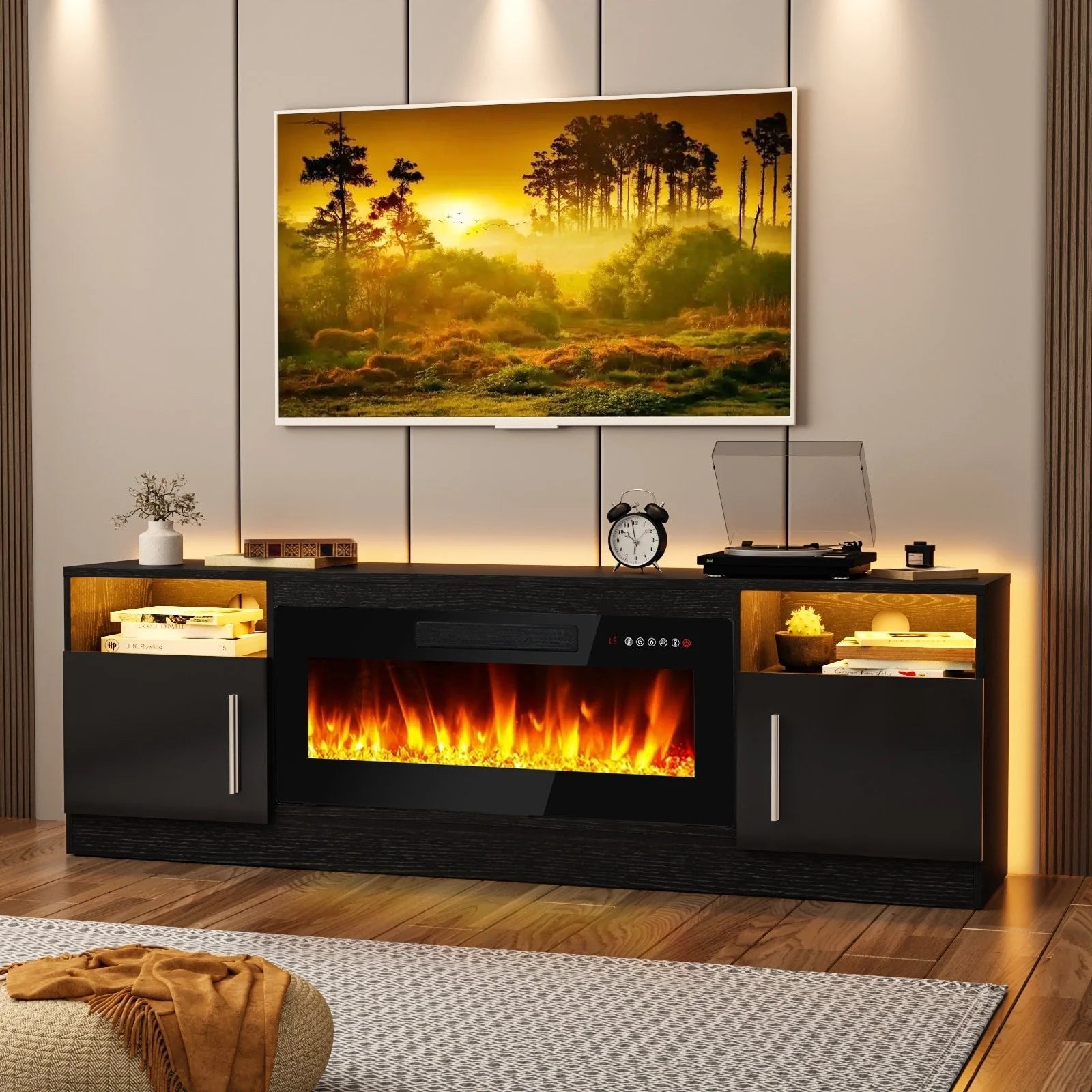 Meuble TV Bossin 70 avec cheminée électrique 36 pouces, compatible avec les téléviseurs jusqu'à 80 pouces, éclairage LED 16 couleurs/centre multimédia