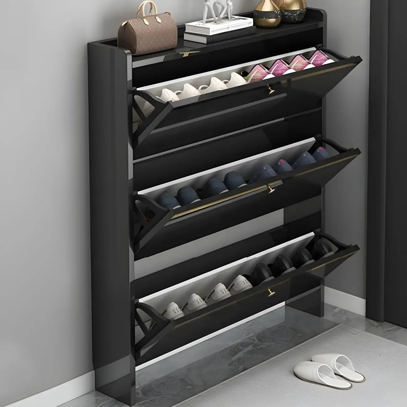 Meuble de rangement à chaussures noir glamour pour entrée avec étagères réglables