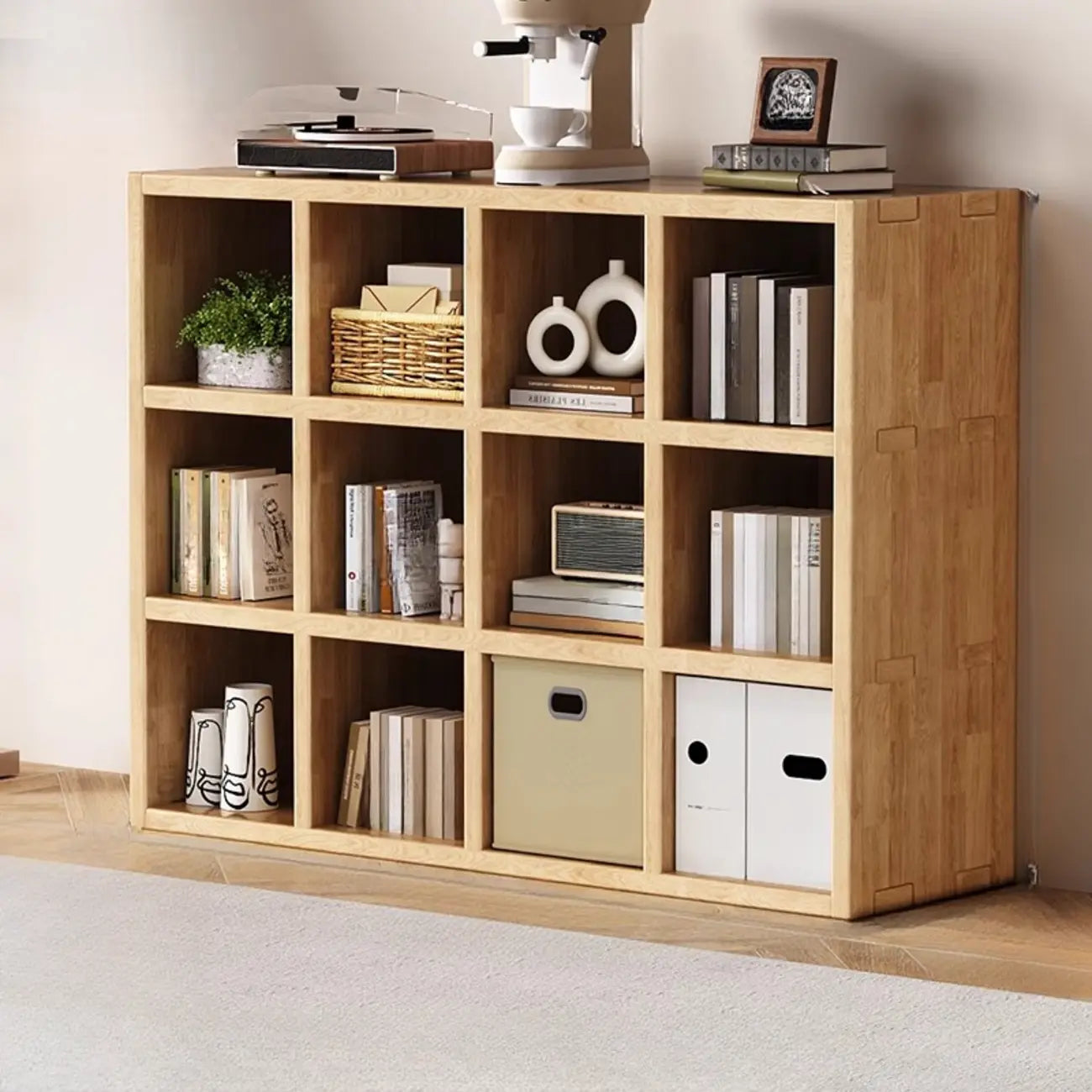 Bibliothèque horizontale moderne en bois à 8 cubes, finition naturelle