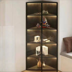 Vitrine d'angle moderne en métal gris et bois avec porte vitrée