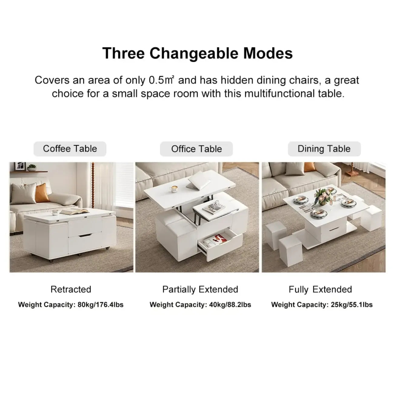 Table basse pliable à plateau relevable avec 4 tabourets et rangement