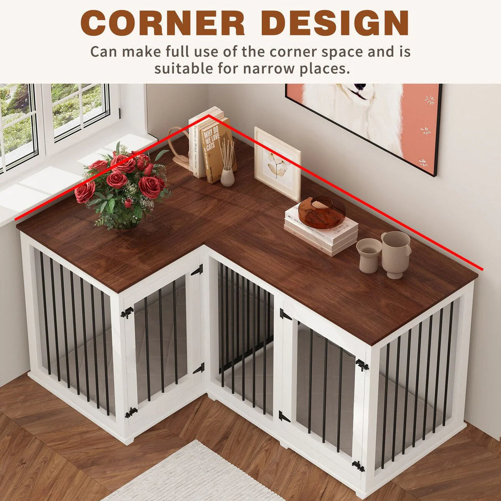 Grand meuble d'angle pour 2 chiens, cage en forme de L - 58,7 x 41,1 pouces