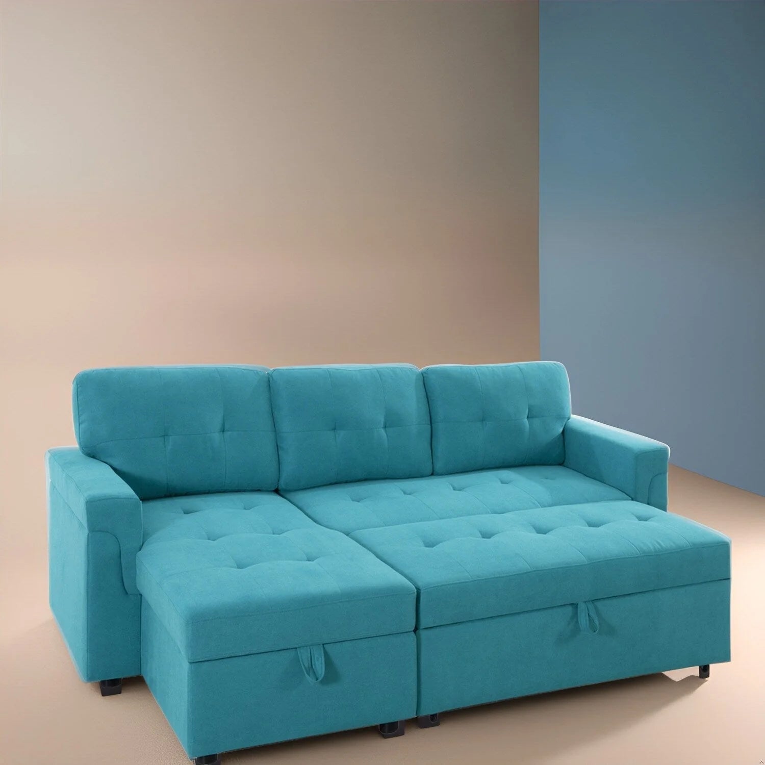 Canapé d'angle convertible et réversible avec lit gigogne, méridienne de rangement dissimulée et pieds robustes.