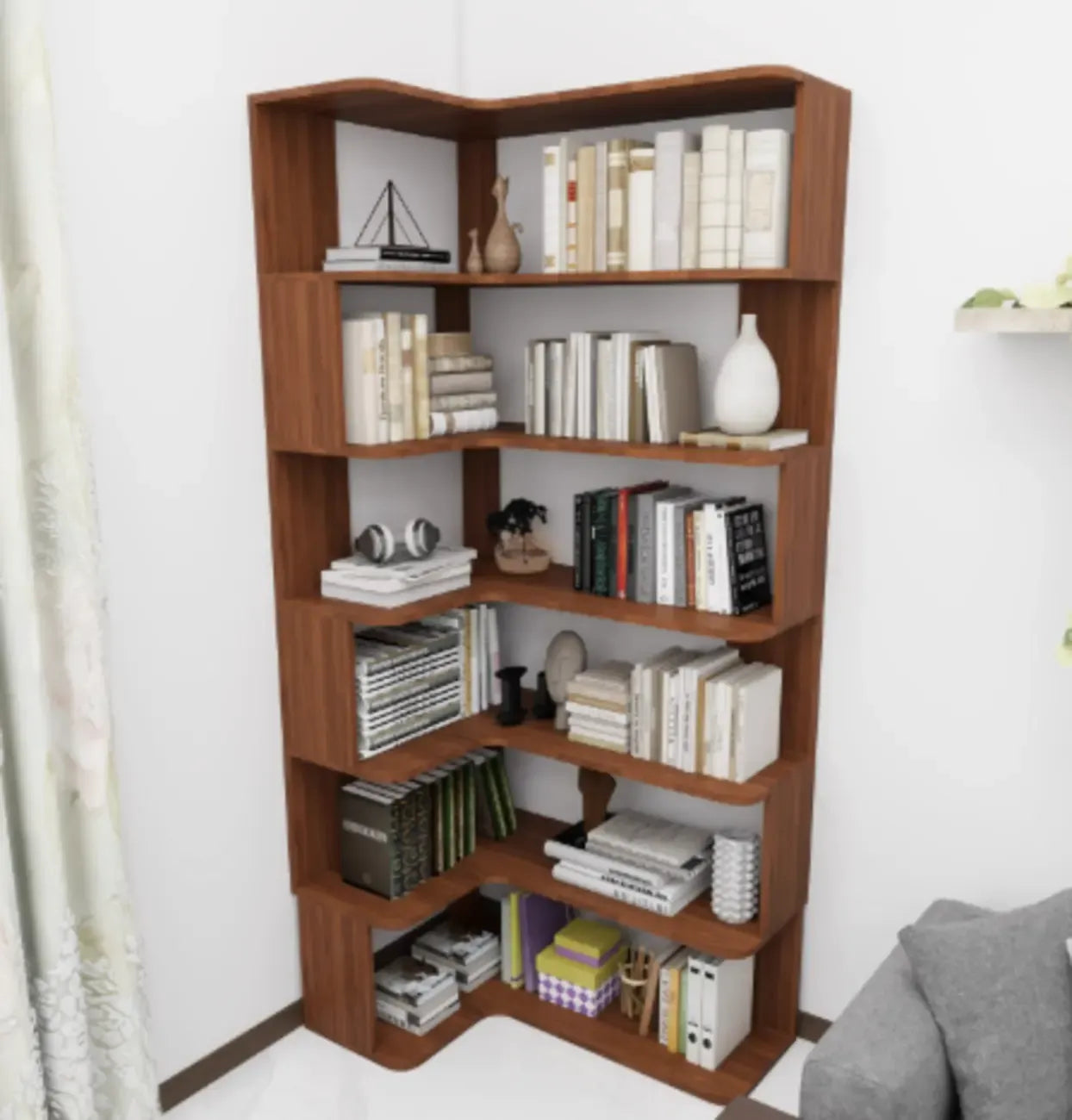 Bibliothèque d'angle en bois composite à 6 étagères
