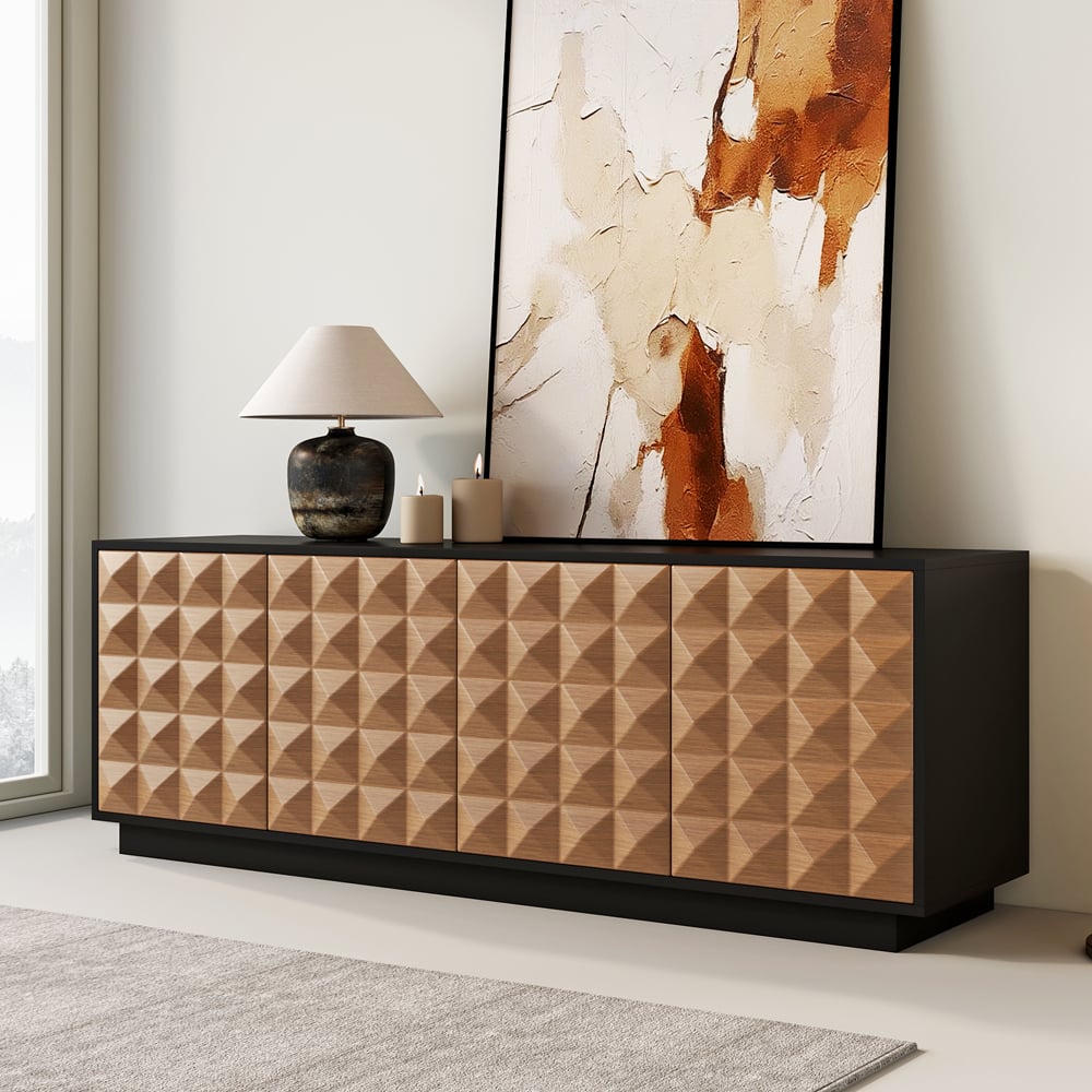 Meuble TV avec portes cannelées en bois noir et naturel pour téléviseur de 75 pouces