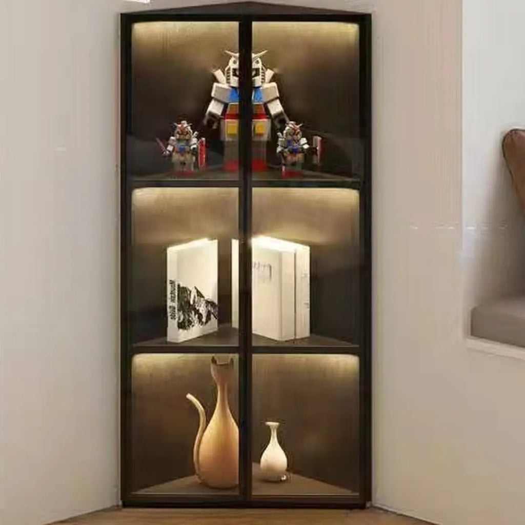Vitrine d'angle moderne en métal gris et bois avec porte vitrée