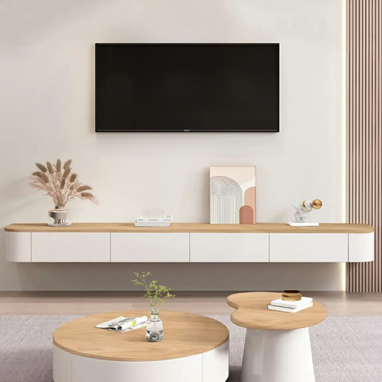 Meuble TV suspendu contemporain en bois blanc avec tiroirs