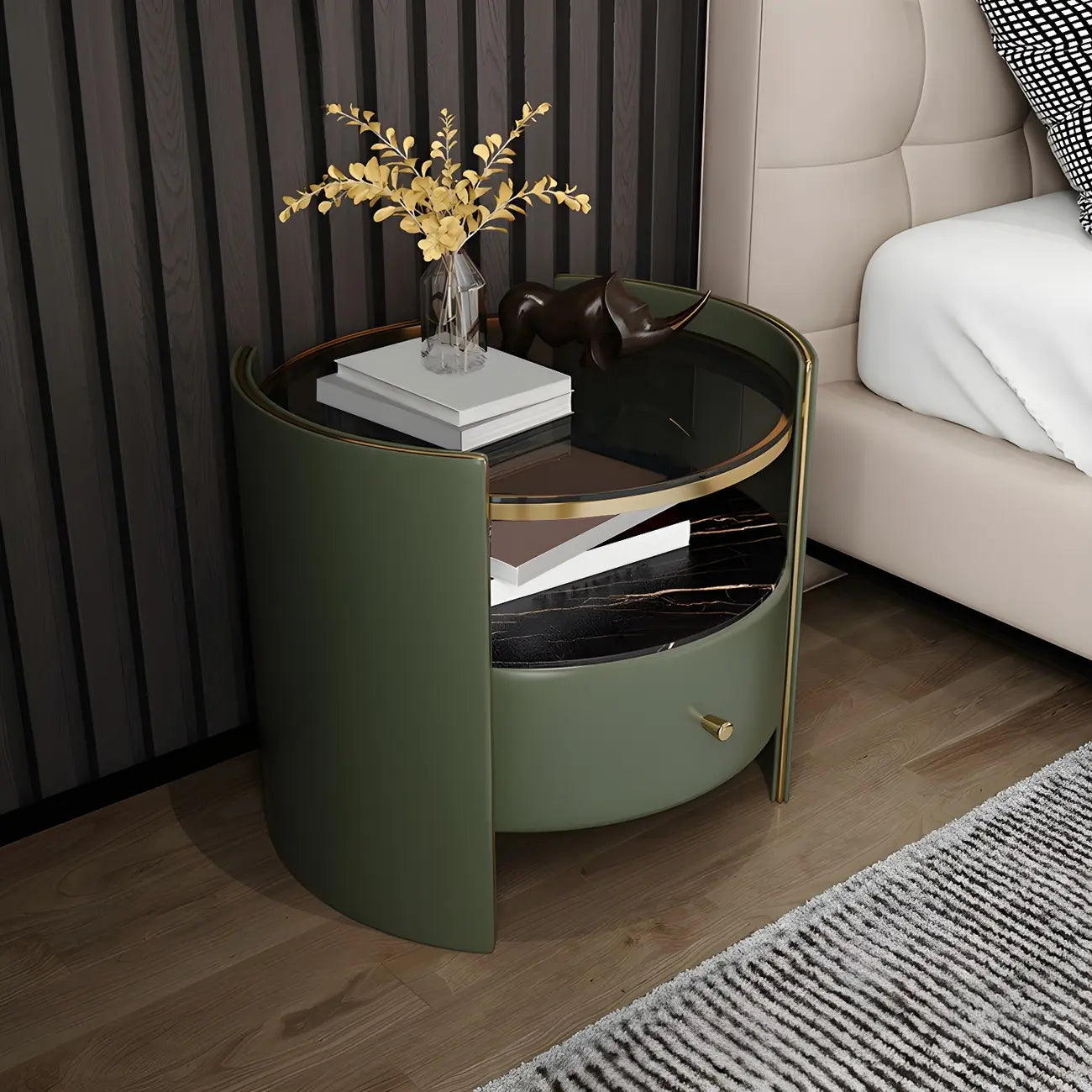 Table de chevet de luxe avec plateau en verre, tiroir de rangement et niche ouverte