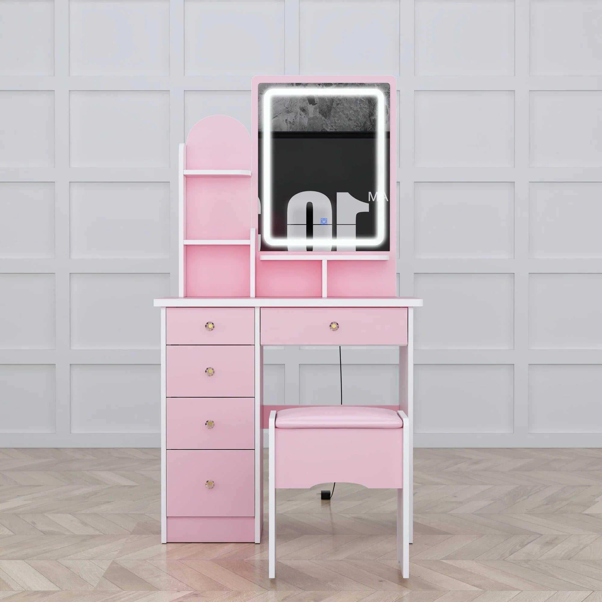 Ensemble coiffeuse avec lumière LED, miroir et tabouret