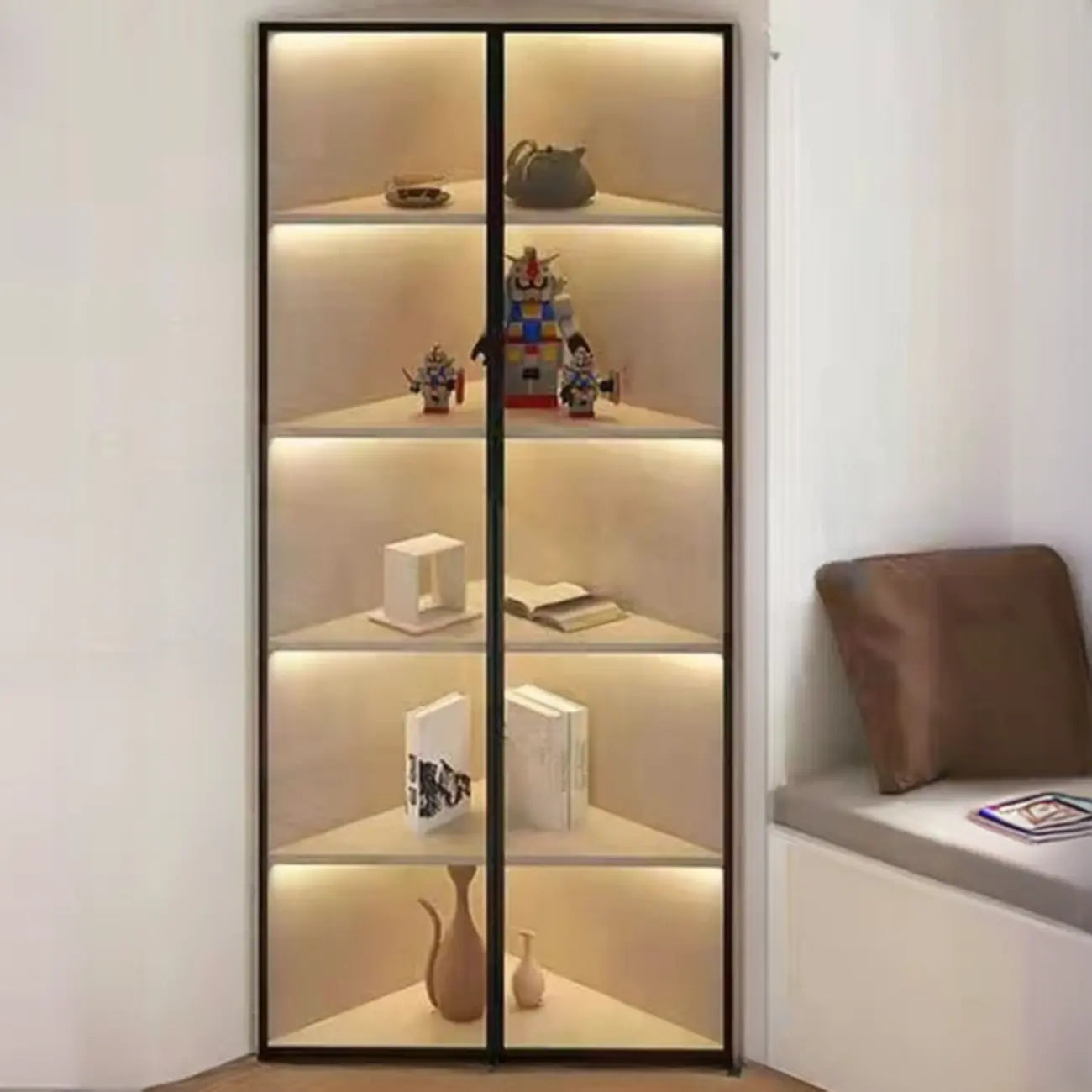 Vitrine d'angle moderne en métal gris et bois avec porte vitrée
