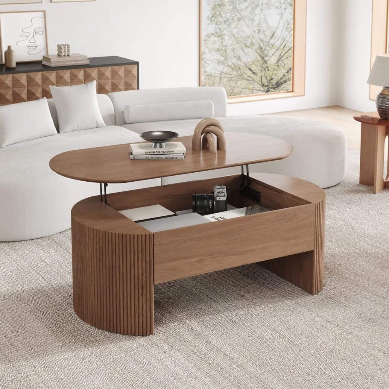 Table basse ovale en bois à plateau relevable de style moderne du milieu du siècle