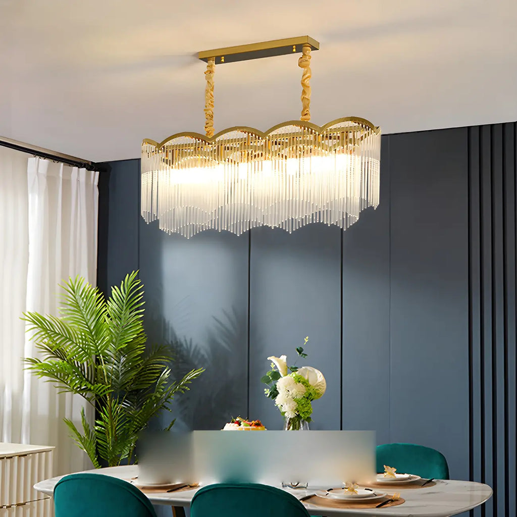 Lustre à chaîne en cristal cannelé doré pour salle à manger