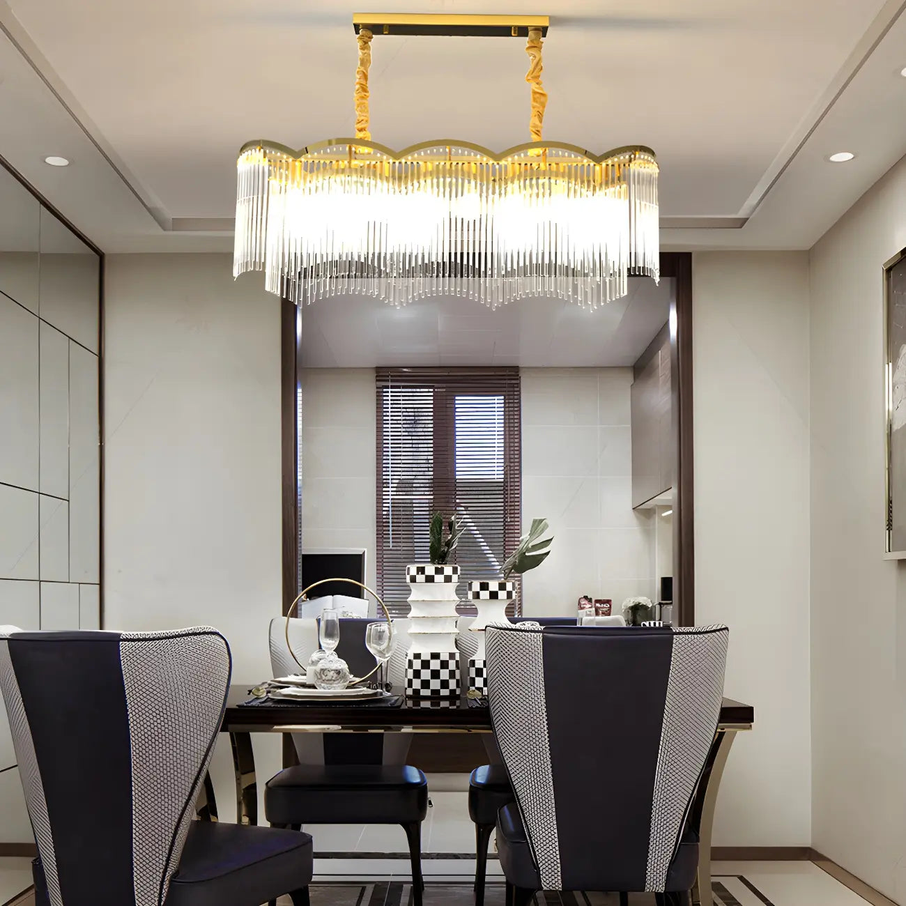 Lustre à chaîne en cristal cannelé doré pour salle à manger