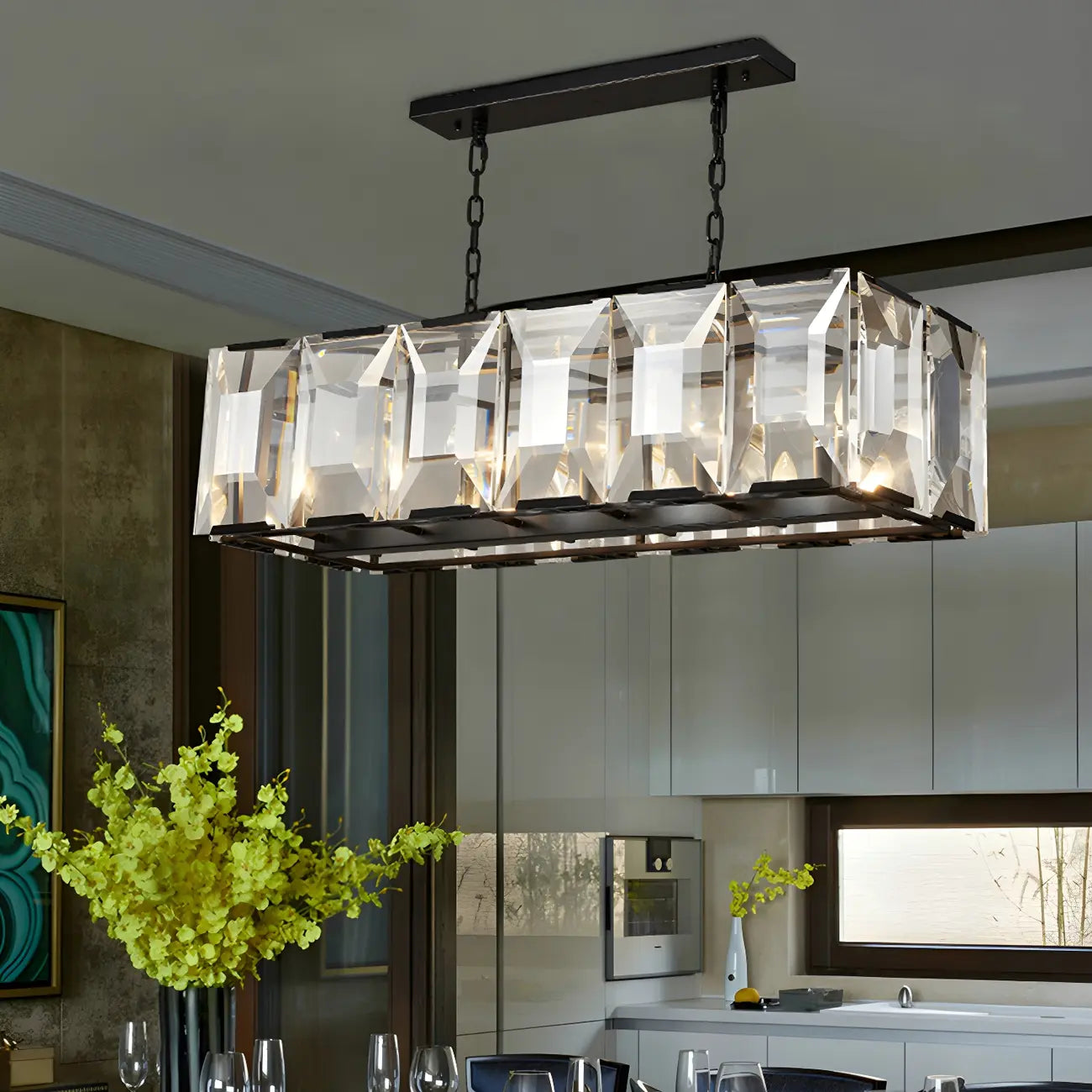 Lustre moderne en cristal noir et or pour îlot central