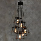 Grand lustre suspendu industriel noir à 10 lumières avec cage