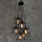 Grand lustre suspendu industriel noir à 10 lumières avec cage