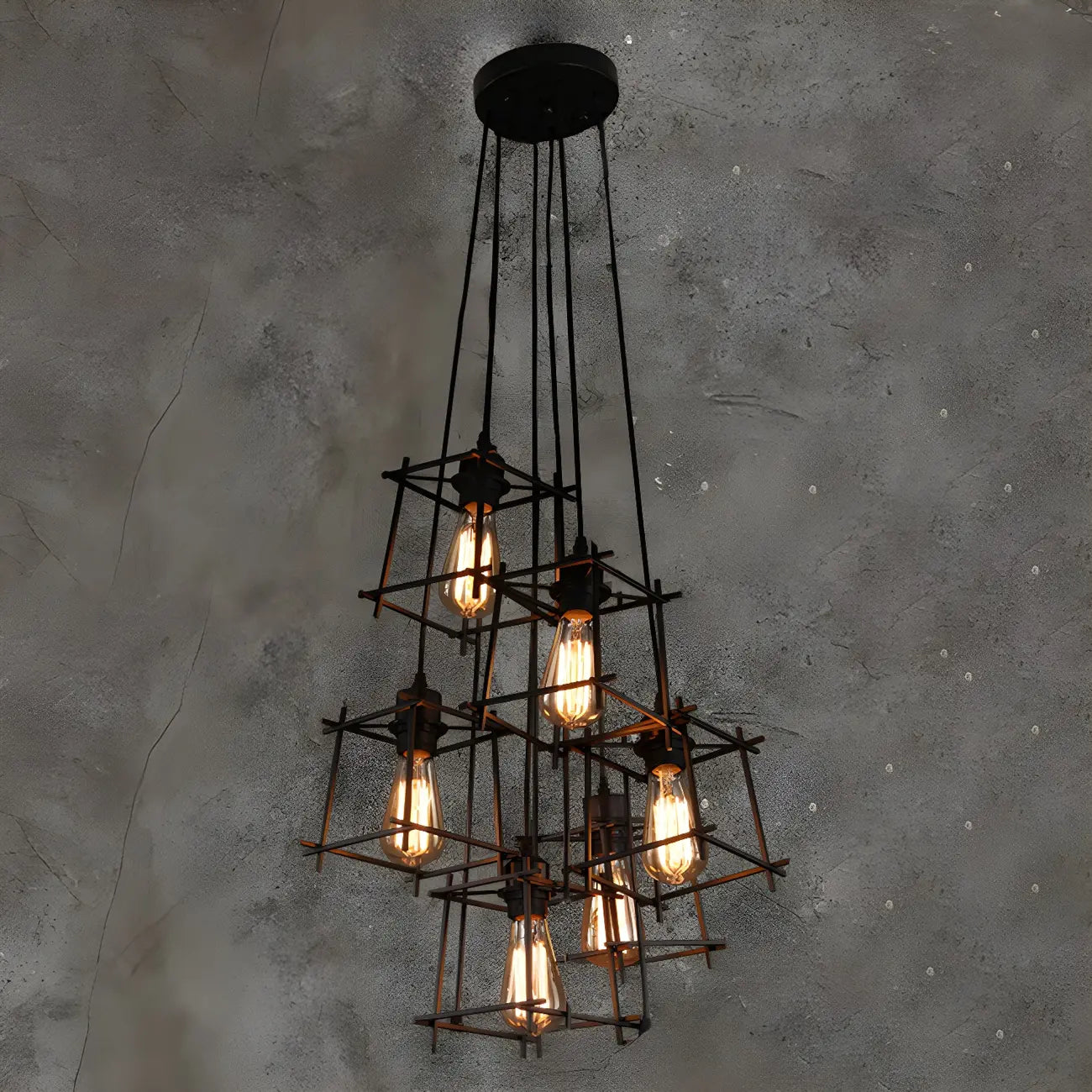 Grand lustre suspendu industriel noir à 10 lumières avec cage