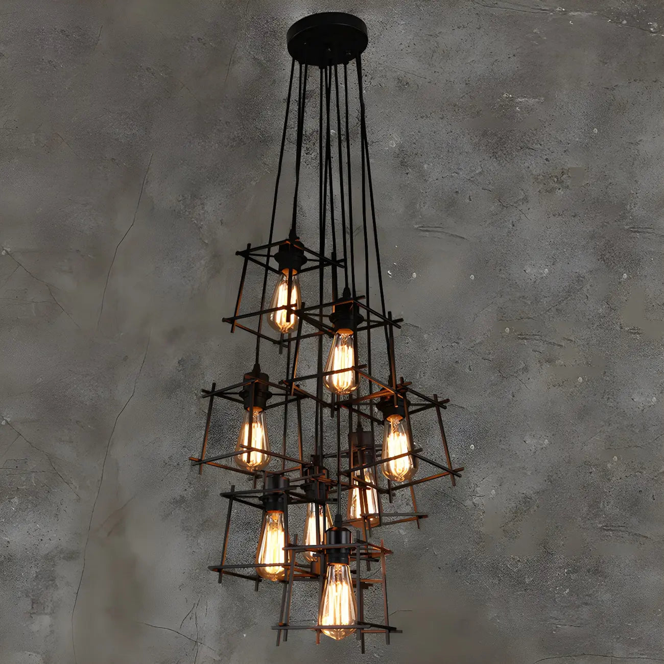 Grand lustre suspendu industriel noir à 10 lumières avec cage