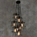 Grand lustre suspendu industriel noir à 10 lumières avec cage