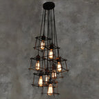 Grand lustre suspendu industriel noir à 10 lumières avec cage