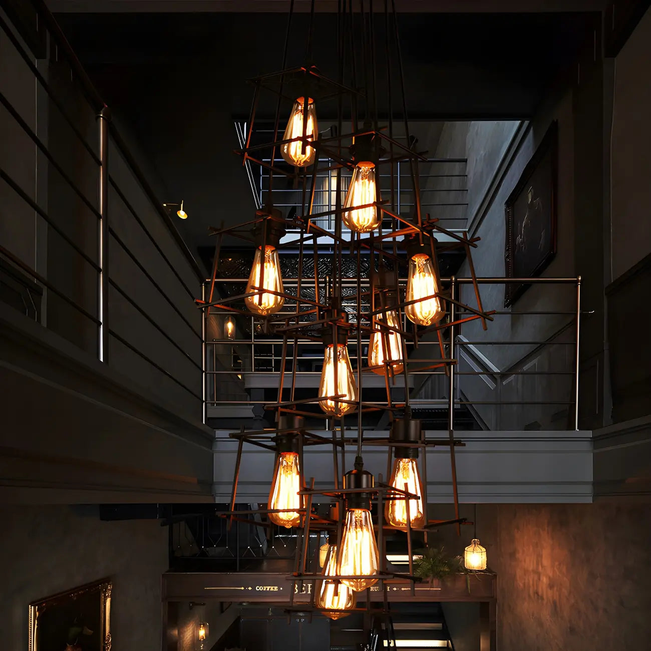 Grand lustre suspendu industriel noir à 10 lumières avec cage
