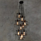 Grand lustre suspendu industriel noir à 10 lumières avec cage