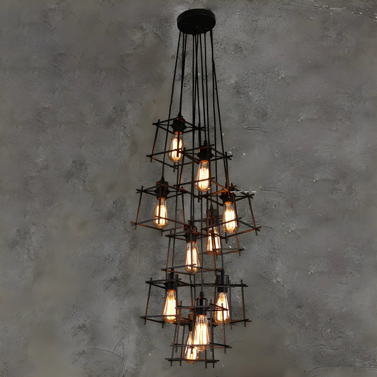 Grand lustre suspendu industriel noir à 10 lumières avec cage