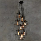Grand lustre suspendu industriel noir à 10 lumières avec cage
