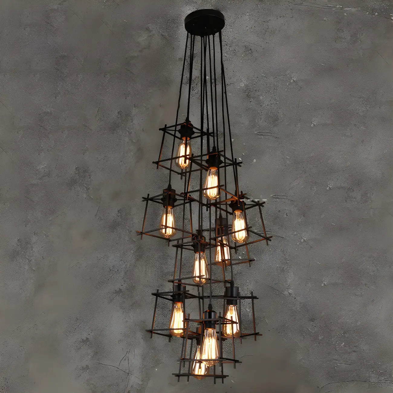 Grand lustre suspendu industriel noir à 10 lumières avec cage