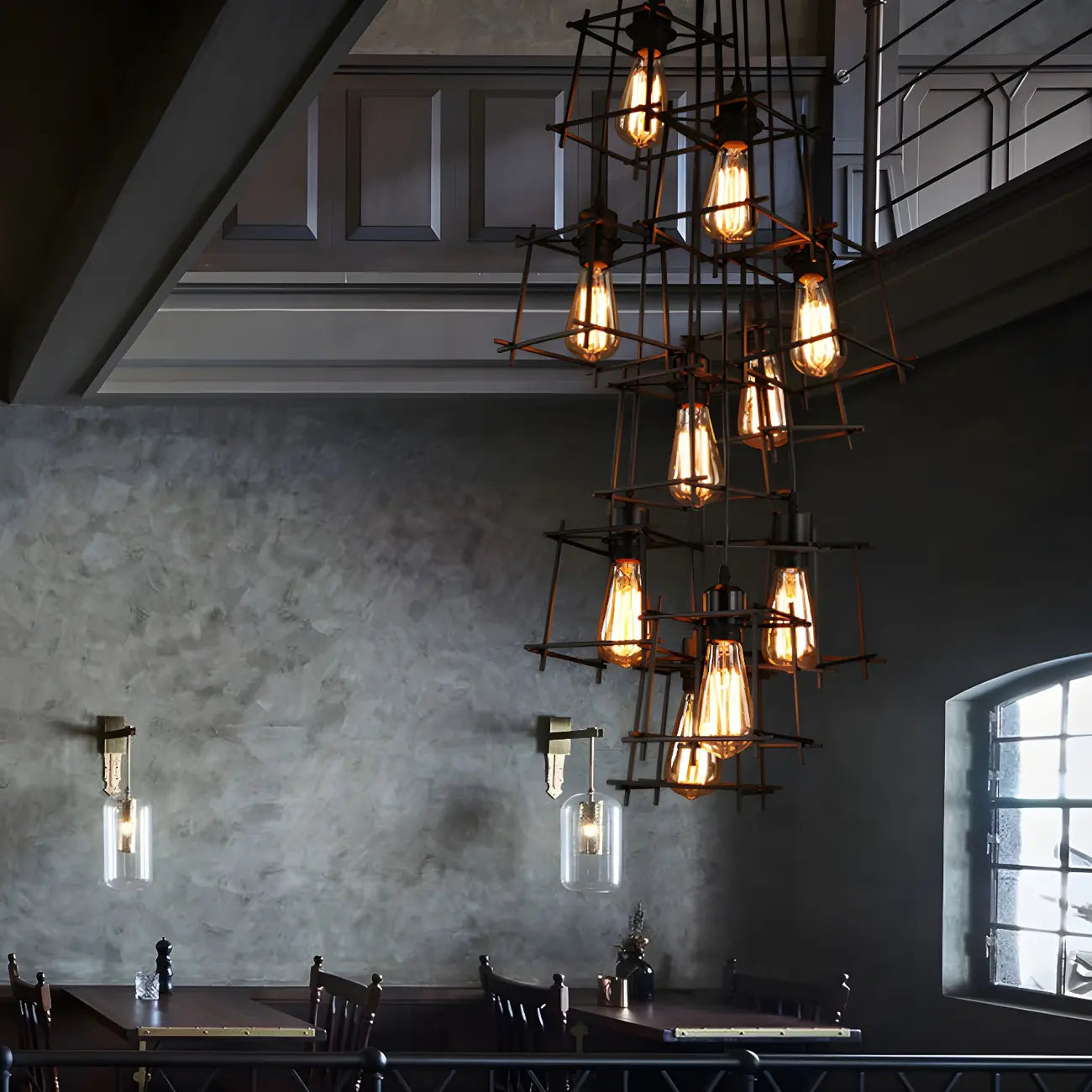 Grand lustre suspendu industriel noir à 10 lumières avec cage