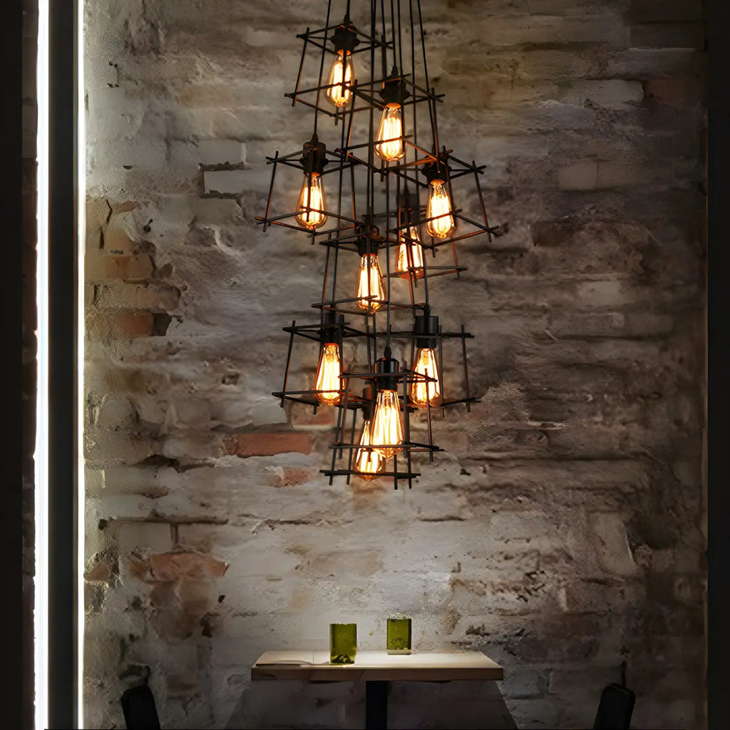 Grand lustre suspendu industriel noir à 10 lumières avec cage