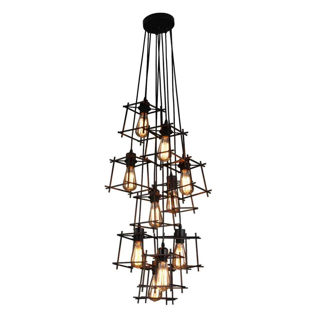 Grand lustre suspendu industriel noir à 10 lumières avec cage